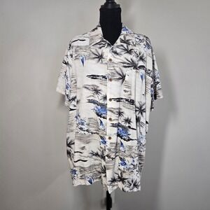 Milano Bay Hawaiian Shirt Mens XXL Blue White Palm‎ Tree Rayon Blend (T7)